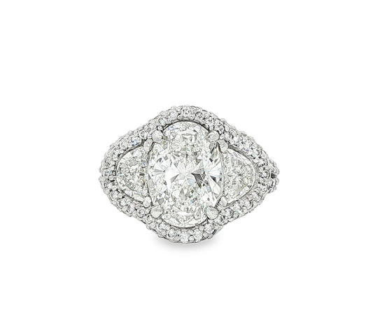 Platinum 3.02ct Oval Diamond Ring with Half-Moon Accents & Diamond Halo - (5.81ct Total Weight)