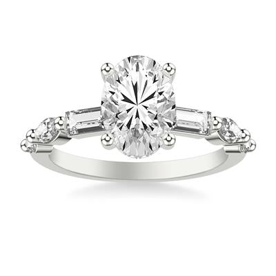 Oval Engagement Ring with Baguette & Marquise Diamond Band and Hidden Halo - Color Options