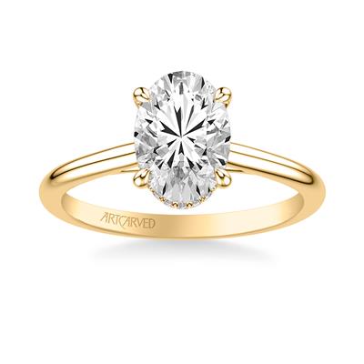 Thin Plain Band Oval Cut Diamond Solitaire Ring with Hidden Halo - Color Options