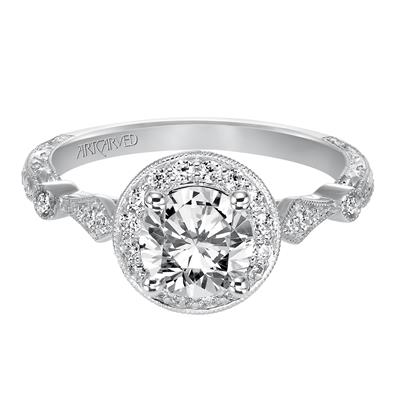 Vintage Style Round Halo Engagement Ring with Milgrain & Engraving