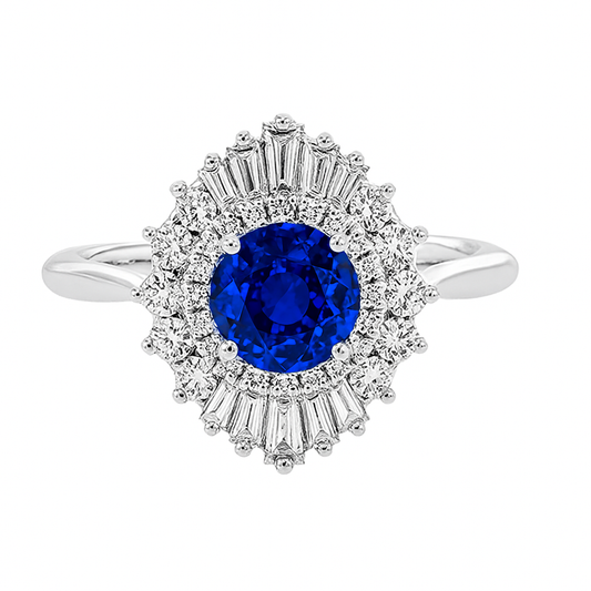 Vintage Blue Sapphire and Diamond Fan ring with Baguette Diamonds - White Gold
