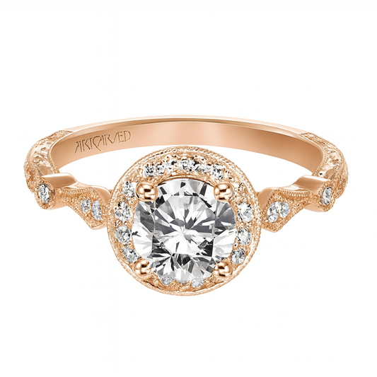 Vintage Halo Engagement Ring in 14K White Gold with Milgrain & Hand Engraving - Size Options