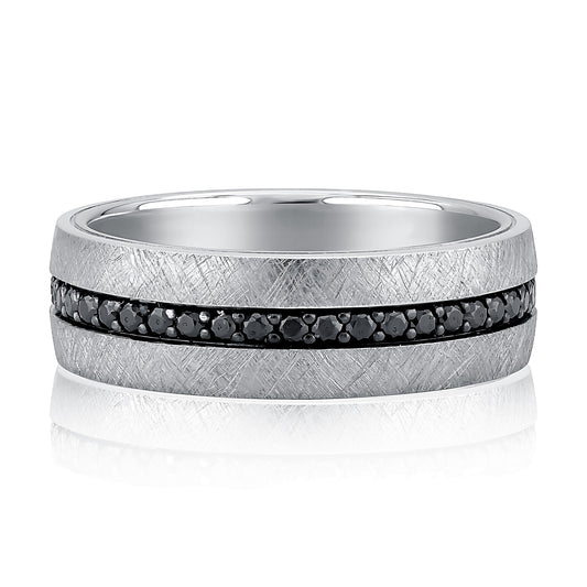 Men's 7mm Black Diamond Wedding Band with Hatched Etched Finish