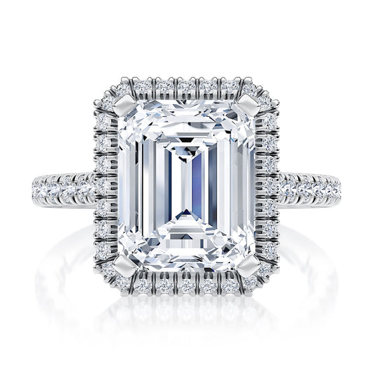Thin Band Emerald Cut Diamond Halo Engagement Ring - Color & Size Options