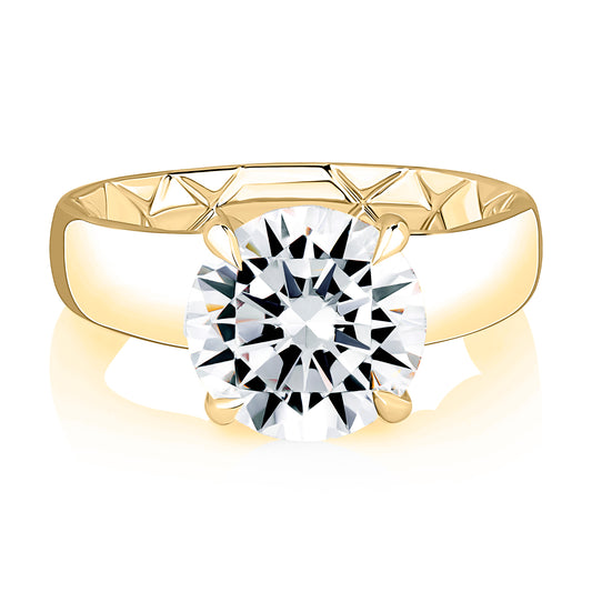 Round Cut Cigar Band Solitaire Engagement Ring with Hidden Halo - Color Options
