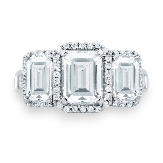 A.Jaffe Emerald Cut Three Stone Halo Anniversary Ring in Platinum