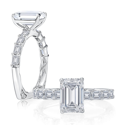 A.Jaffe Art Deco Emerald Cut Diamond Band Engagement Ring with Emerald Cut Center