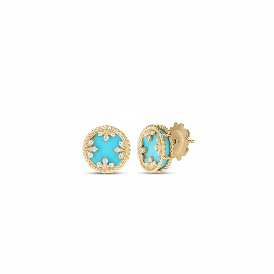 18K YELLOW GOLD VENETIAN MEDALLIONS SMALL DIAMOND AND TURQUOISE STUD EARRINGS