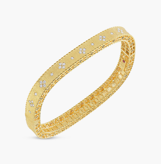 Roberto Coin - Princess Satin Fleur de Lis Diamond Slim Bangle (Pre-Owned/Estate) - 18K Yellow Gold