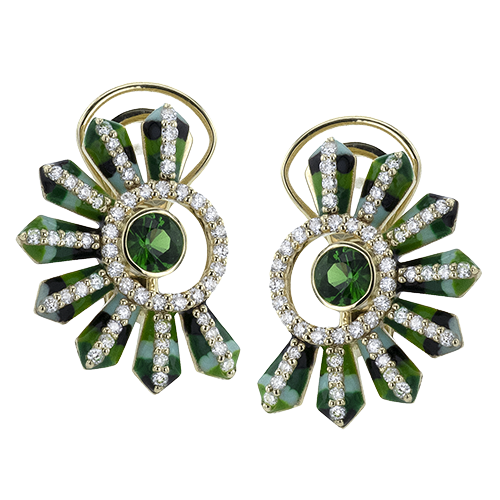 Simon G. 14K Yellow Gold Vintage Fan Earrings with Green Garnet, Diamonds, and Enamel