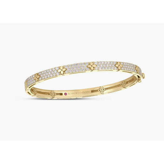 LOVE IN VERONA PAVÉ DIAMOND AND POLISHED FLOWER NARROW BANGLE - 18K YELLOW GOLD