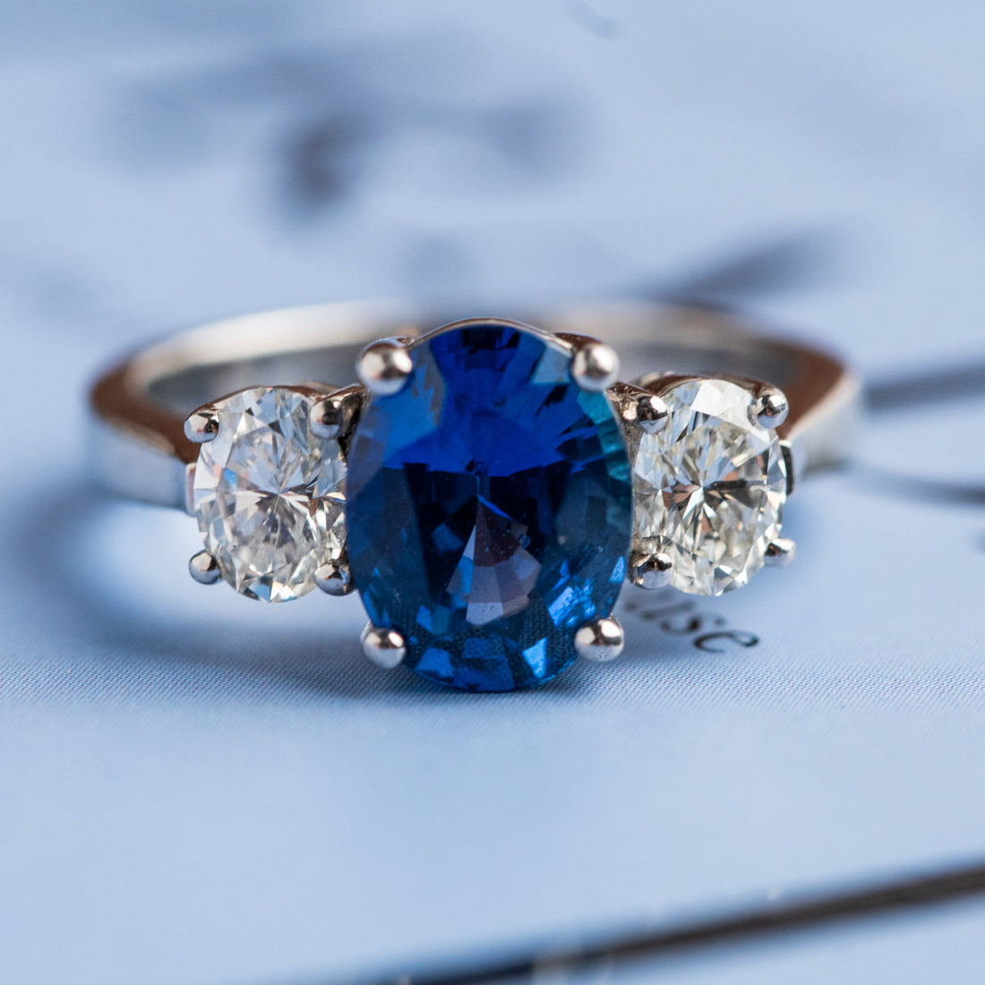 Sapphire and Diamond Three-Stone Ring: Ready to Ship in Size 6.5