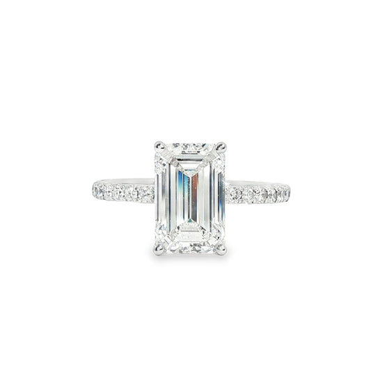 Classic Thin Diamond Band Engagement Ring in 18K White Gold with 2.50ct Emerald Cut Diamond J VS2 GIA