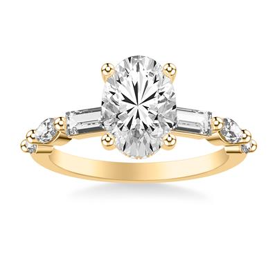 Oval Engagement Ring with Baguette & Marquise Diamond Band and Hidden Halo - Color Options