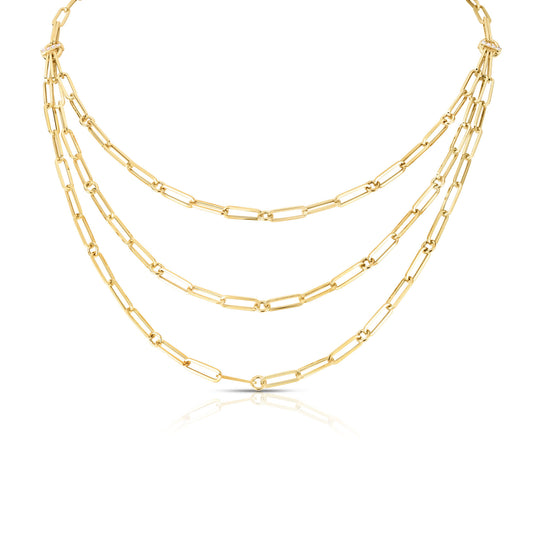 Triple Strand Paperclip and Round Link Chain Necklace