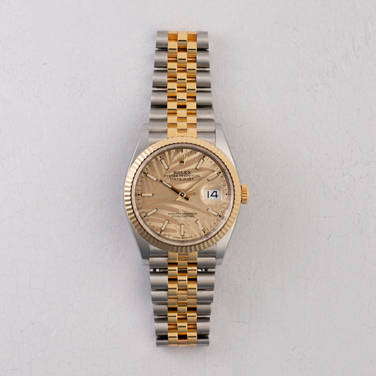 Pre-Owned Rolex Datejust 36mm 126233, Champagne Palm Motif Dial, Two-Tone Jubilee, Box & Papers