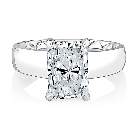 Radiant Cut Cigar Band Solitaire Engagement Ring with Hidden Halo