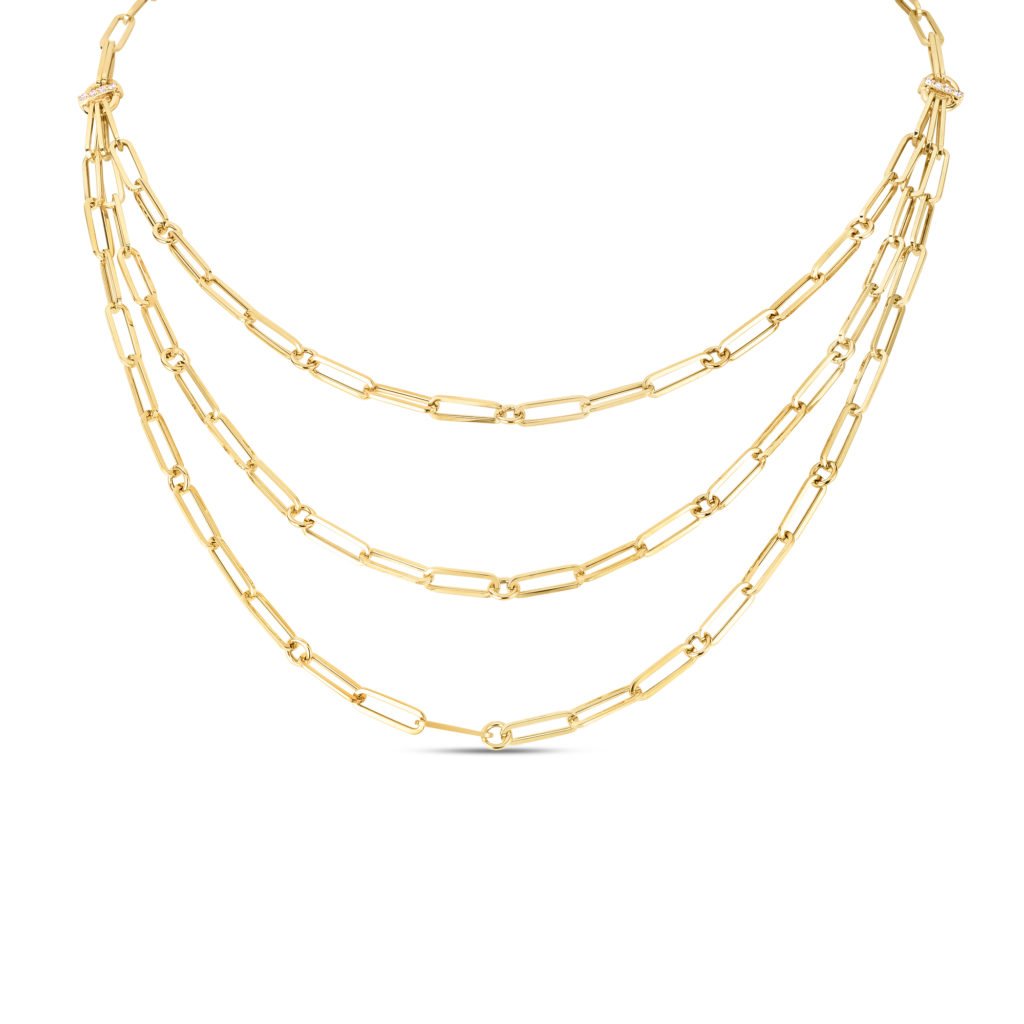18K YELLOW GOLD DESIGNER GOLD TRIPLE STRAND PAPERCLIP CHAIN NECKLACE W ...